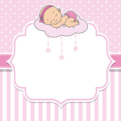 baby shower girl. baby girl sleeping on the cloud.Space for text