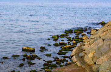 View of the Black sea coast, mossy stones and clear sea iin summer, wavy beach