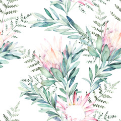 Fototapety  Watercolor seamless pattern witn eucalyptus branch, protea and fern. Hand drawn illustration. Floral background