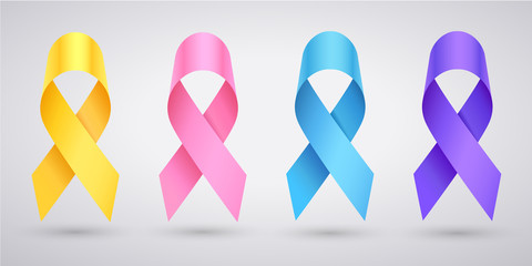 Set of awareness - pink ribbon breast cancer, yellow ribbon childhood cancer, lavender ribbon Day cancer, blue ribbon prostate cancer. JPG include isolated path