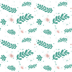 Green leaf branches, rose flower and drops seamless pattern. Hand drawn floral wrapping. Mistletoe