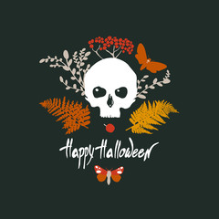 Happy Halloween. Card with skulls, butterflies, moths, ferns, berries. Vector illustration.