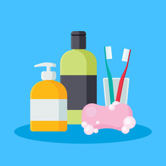 Hygiene and beauty products Set vector illustration in modern flat style. Collection of soap, shampoo, Toothbrush and liquid soap in bottle flat icons isolated on blue background.