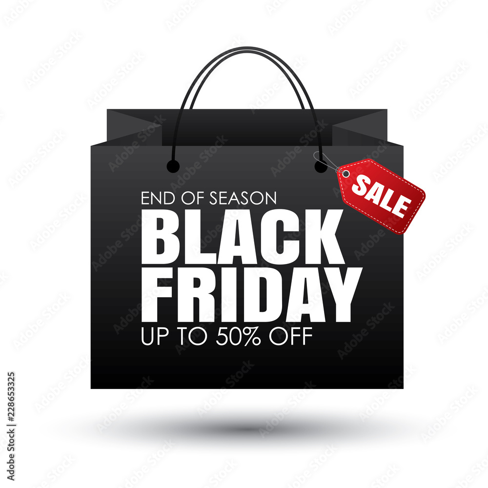 Wall mural Black friday shopping bag and sales tag on white background. Use for discount, promotion, advertising template.