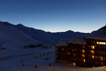 Val Thorens, France - February 24, 2018: Panorama of famous Val Thorens in french alps by night, Vanoise, France