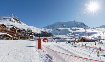 Val Thorens, France - February 26, 2018: France, French Alps, Tarentaise Valley, Savoie. Val Thorens is located in the commune of Saint-Martin-de-Belleville in the Savoie département