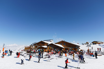 Val Thorens, France - February 26, 2018: France, French Alps, Tarentaise Valley, Savoie. Val...