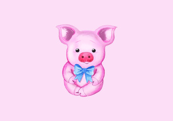 Little pig and blue bow. Isolated on pink. Cute watercolor illustration