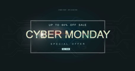 Cyber monday inscription in distorted glitch style on black background. Digital author font, cyber font, advertising discount banner.
