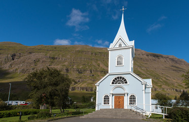 Fototapeta na wymiar SEYDISFJORDUR, ICELAND, the blue church of Seydisfjordur, Iceland.