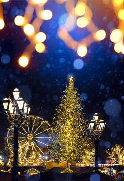 art Christmas street holidays market; Christmas Tree and Old city;