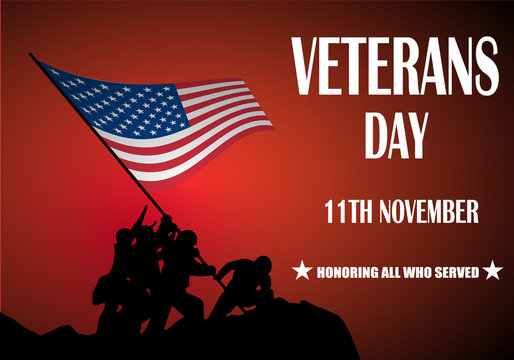 Creative poster design for veterans day with text. Honoring all who served. November 11 - Powered by Adobe