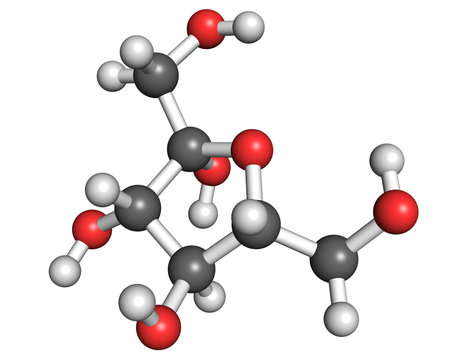Fructose molecule, ball and stick model. Shown in its most common form in aqueous solution - fructofuranose.