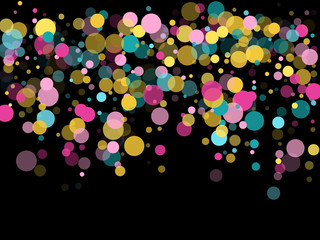 Memphis round confetti festive background in cyan blue, pink and yellow. Childish pattern vector.