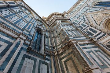 Florence, Tuscany, Italy: Cattedrale di Santa Maria del Fiore (Cathedral of Saint Mary of the Flowers - Duomo di Firenze), architectural detail including campanile (bell tower).