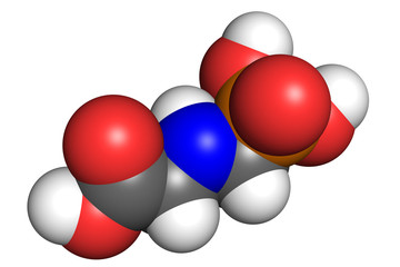 Glyphosate is a widely used broad-spectrum herbicide. Space-filling model, conventional atom colouring.