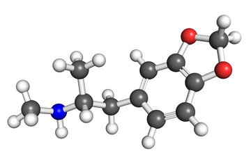 The structure of MDMA molecule, ball-and-stick model. MDMA is a widely used recreational drug.