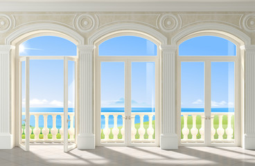 Interior with arched windows and sea views