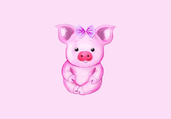 Little pig and pink bow. Isolated on pink. Cute watercolor illustration
