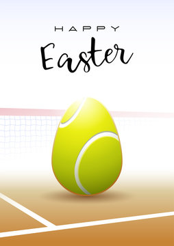Happy Easter. Sports greeting card. Realistic tennis ball in the shape of Easter egg. Vector illustration.