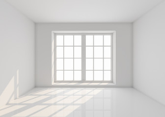 Empty white room with window and sunlight. Mockup, template. 3d illustration.