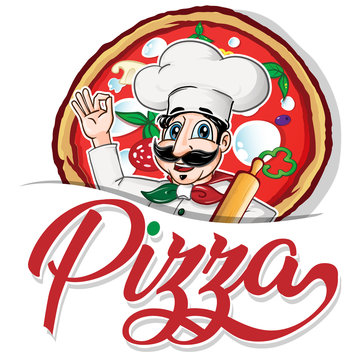 Emblem Of Funny Italian Chef On Pizza Background