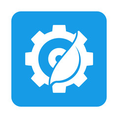 Icono plano engranaje y hoja en cuadrado azul