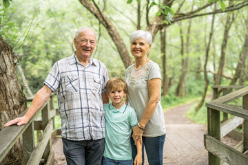 Grandparents with grandkid on summer forest having great time