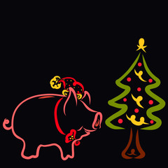 Christmas night, piggy bank next to the Christmas tree
