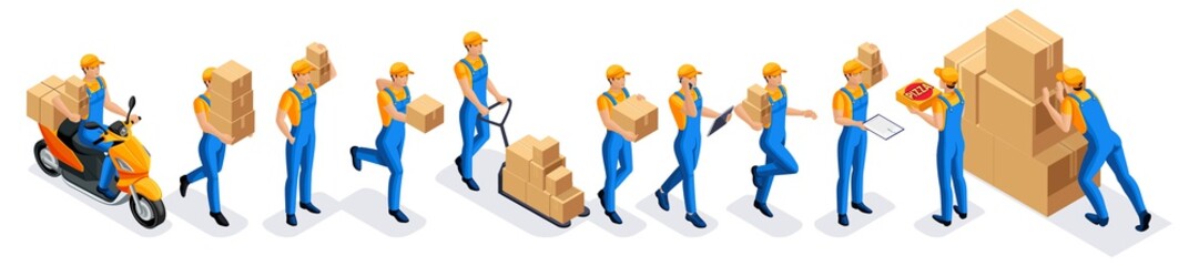 Isometric set of male couriers, delivery service. Guy courier runs, edits on the moped during the delivery of the order, work 24 hours, fast delivery