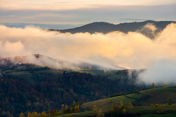 undefined person on the edge of a hill looking in to the distant rural valley. beautiful nature scenery in autumn