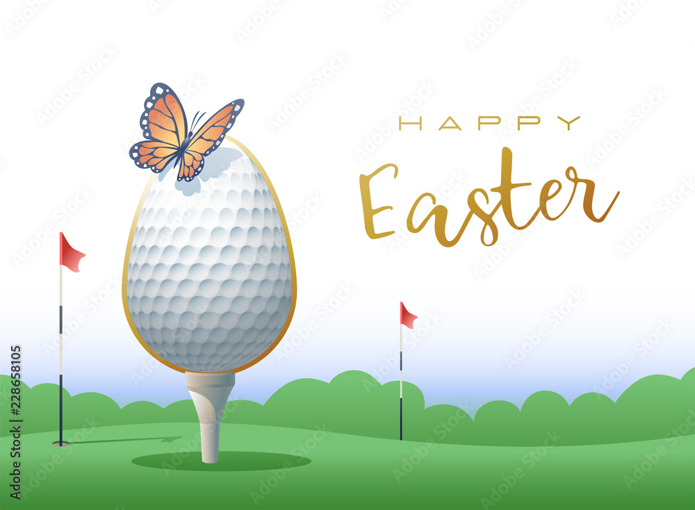 Wall mural happy easter. sports greeting card. realistic golf ballas an easter egg and butterfly. vector illust