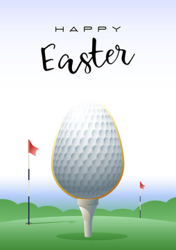 Happy Easter. Sports greeting card. Realistic golf ball in the shape of Easter egg. Vector illustration.