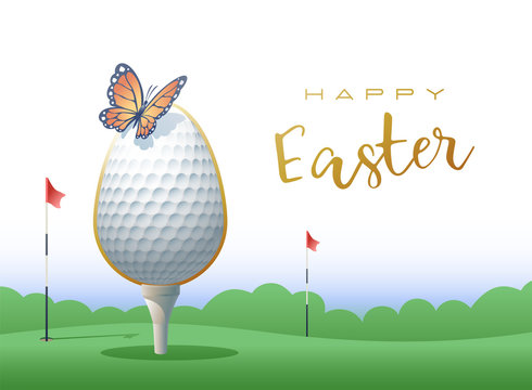 Happy Easter. Sports greeting card. Realistic golf ballas an Easter egg and butterfly. Vector illustration.