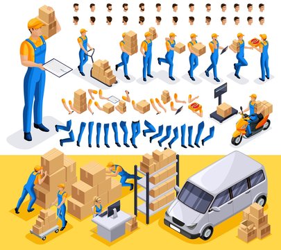 Isometric set 4 Create your character, courier, man from the delivery service. Set of gestures of hands, feet, emotions of the character, a set of different hairstyles