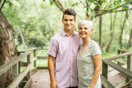 Grandmother and grandson spend the weekend in the park