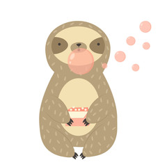 Cute sloth chewing a bubble gum. Animal design