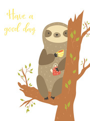Cute sloth sitting on a tree and having a tea