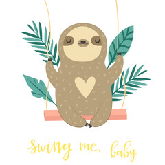 Cute swinging sloth. Happy animal design.