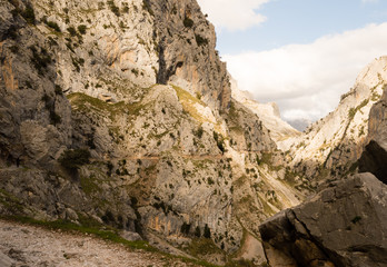 Hiking trail along the famous Cares river gorge, through the Picos de Europa, between Asturias and Leon, Spain.