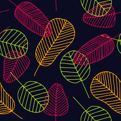Vector doodle seamless pattern with colorful skeleton leaves on dark blue background. Hand drawn illustration with abstract tropical plants. Texture design for surfaces, fabrics and textile.