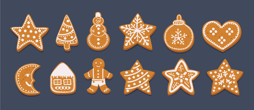 Gingerbread Cookies set on dark background.