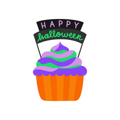 Cute hand drawn cupcake vector illustration. Halloween themed and decorated cupcake in orange paper cup with colorful frosting and Happy halloween writing, isolated.