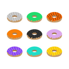 Cute hand drawn Halloween themed doughnut vector illustration set. Colorful collection of donuts with icing, frosting, isolated.