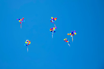 The multi colored helium balloons flying In the blue sky. the concept of a wedding, celebration, anniversary, entertainment
