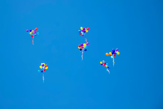The multi colored helium balloons flying In the blue sky. the concept of a wedding, celebration, anniversary, entertainment