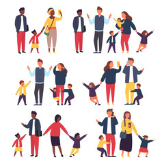 Fototapeta na wymiar Family with kids. Busy and tired parents with naughty children. Vector illustration