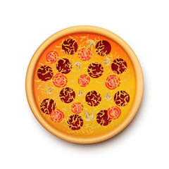 Cartoon hot pizza, top viewm isolated on white