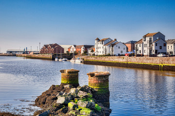 View from the New Bridge over the River Ayr towards the sea at Ayr, Scotland.