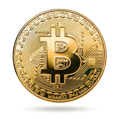 Physical bit coin. Digital currency. Cryptocurrency. Golden coin with bitcoin symbol isolated on...